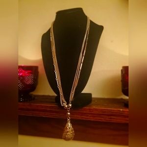 Tear Drop Orb (hollow) Necklace Vintage 3 Strands gold tone statement TRIFARI